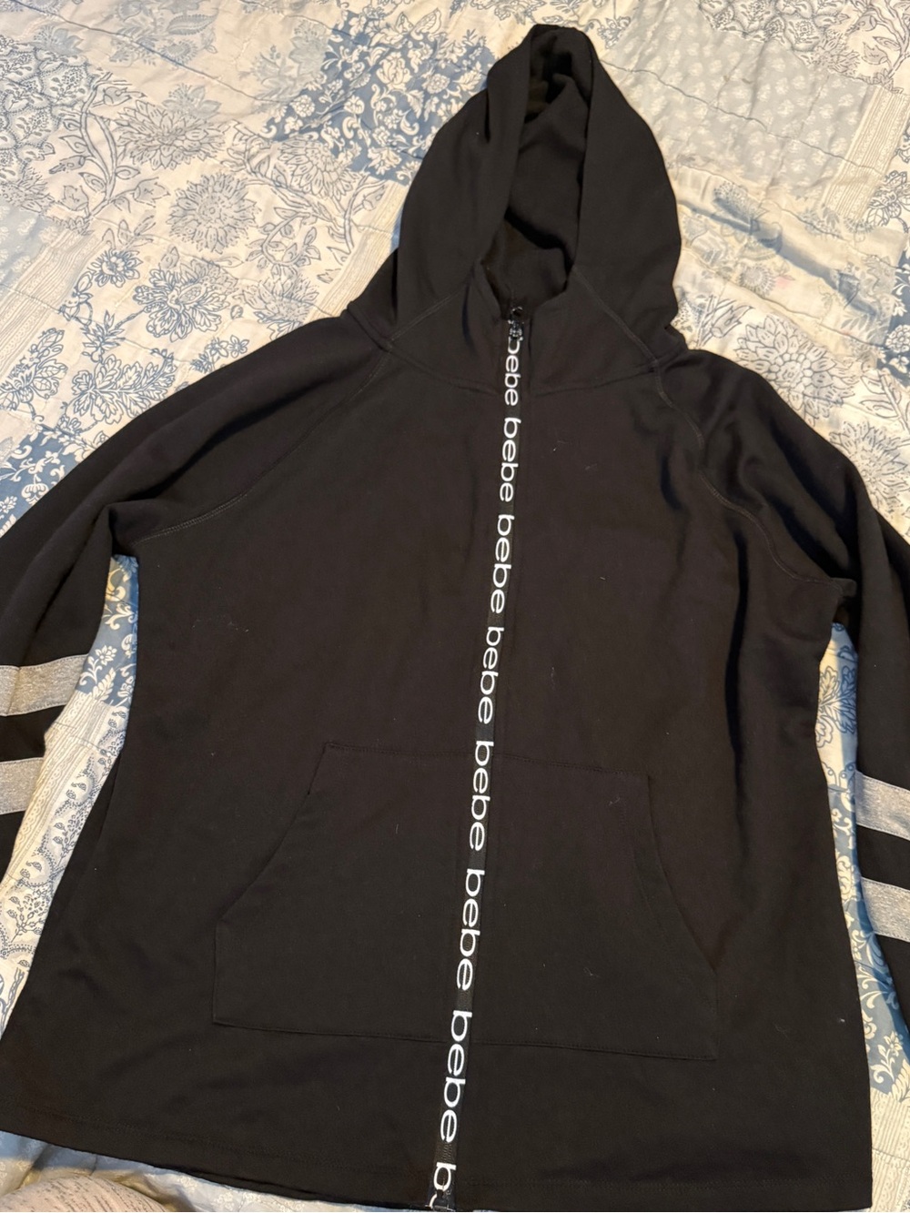 bebe Black Hoodie with Logo Zipper and Silver Stripe Sleeves
